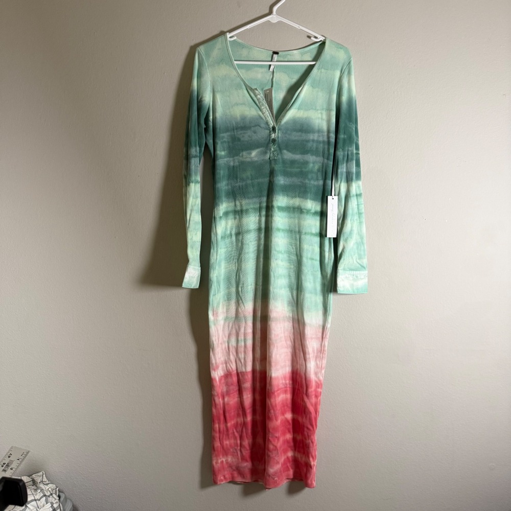 Young Fabulous & Broke Green Pink Tie Dye Ribbed Henley‎ Midi Dress Large NWT